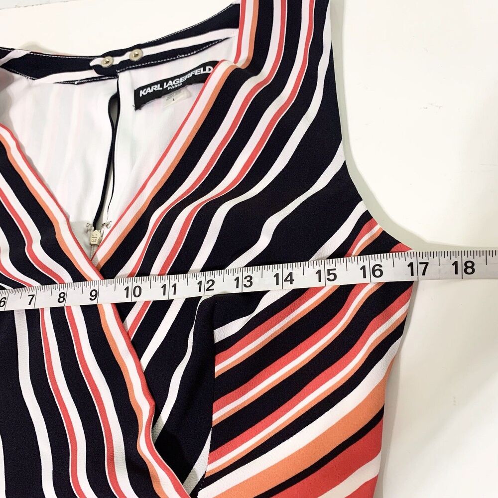 Karl Lagerfeld Size 4 Striped Asymmetrical Handkerchief Hem Dress Faux Wrap - Picture 12 of 14